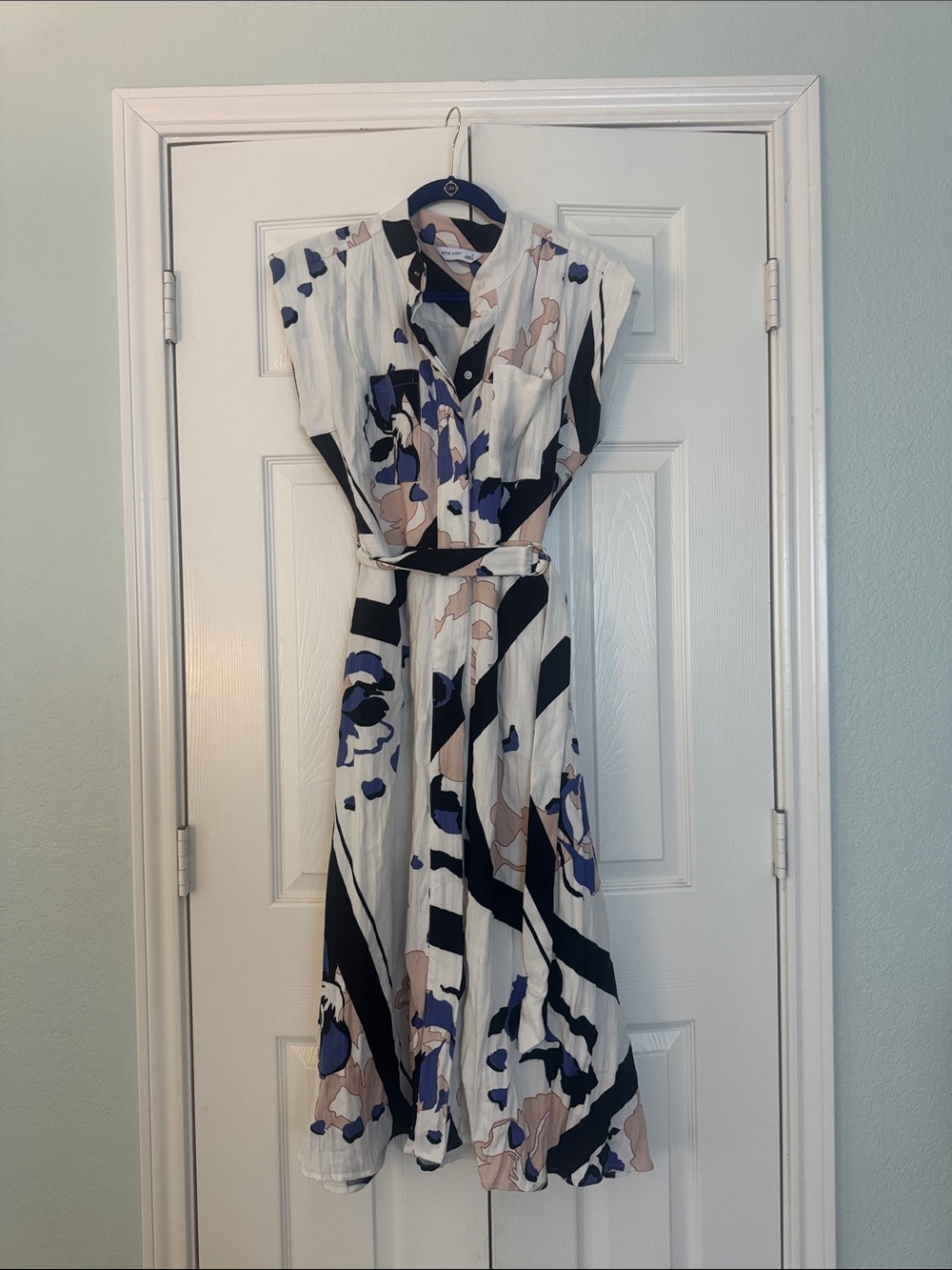 Nine West White Midi Dress with Black Stripes & Blue Blush Floral